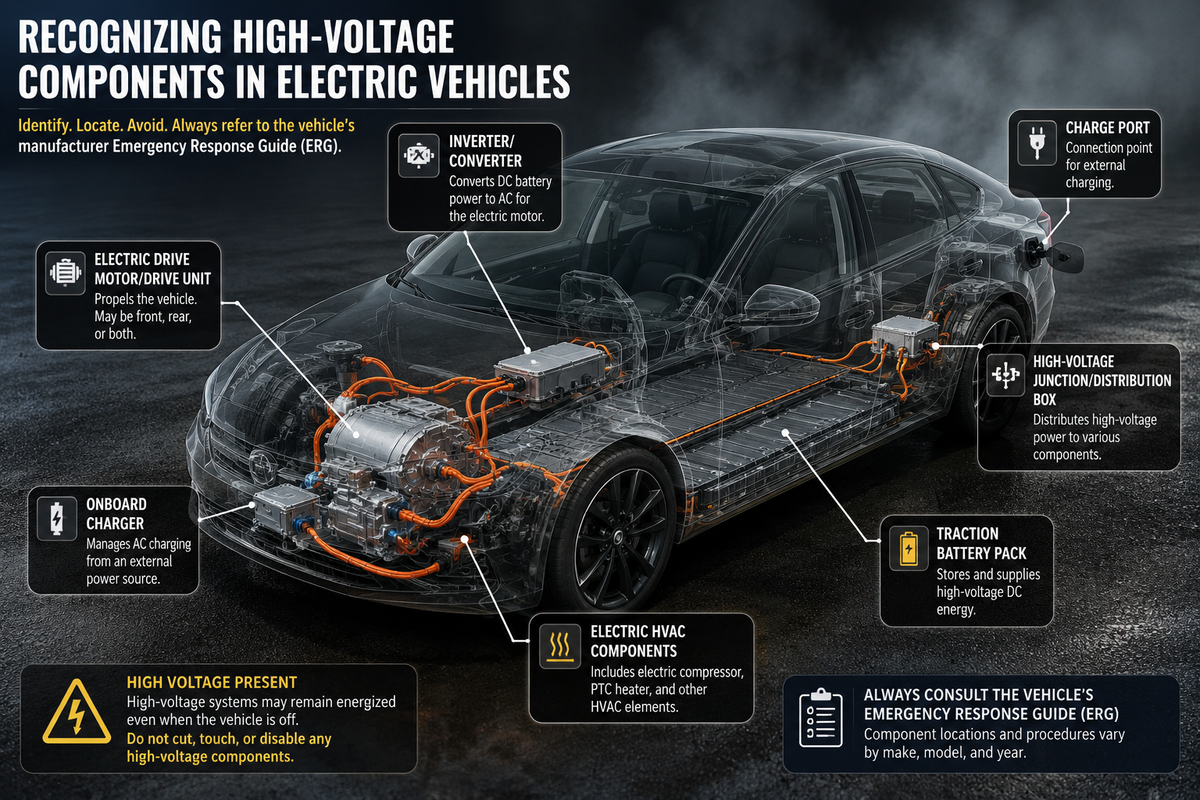 Cutaway electric vehicle showing high-voltage battery pack, orange HV cables, inverter, drive motor, charger, charge port, and other components for first responder identification.