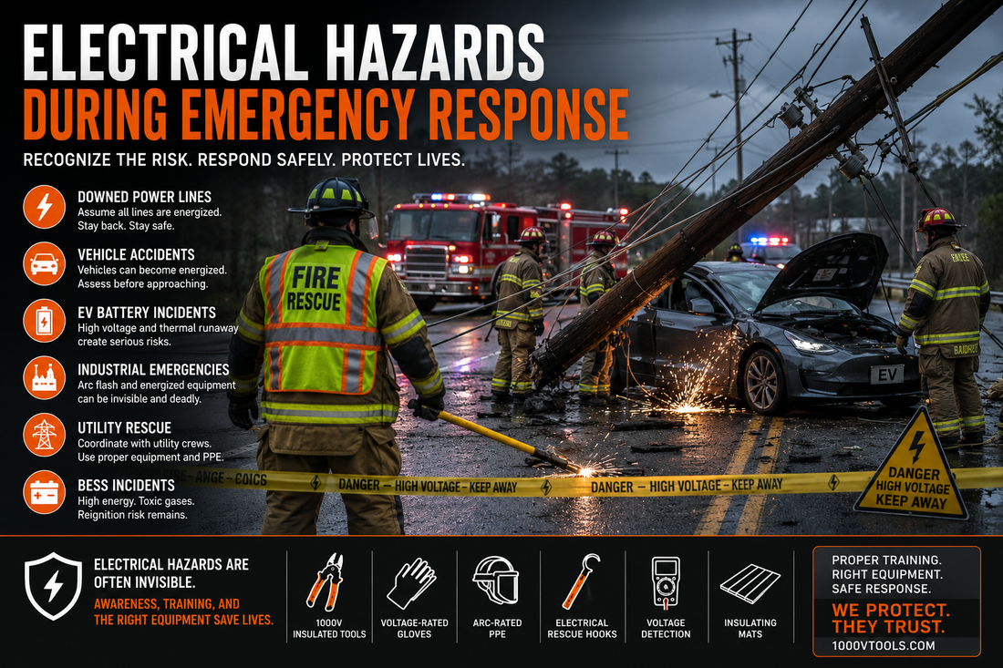 Firefighters and emergency responders assessing an electrical emergency involving downed power lines and a damaged electric vehicle while maintaining a safe exclusion zone.