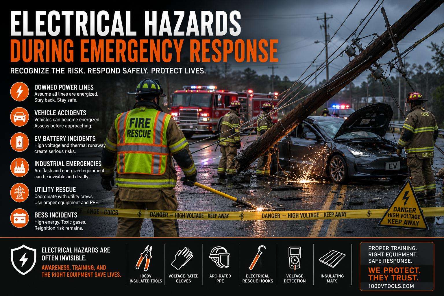 Firefighters and emergency responders assessing an electrical emergency involving downed power lines and a damaged electric vehicle while maintaining a safe exclusion zone.