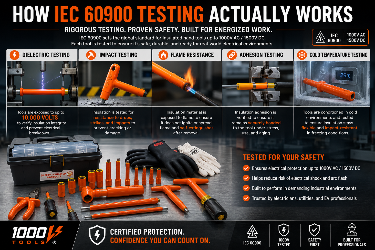 IEC 60900 testing process showing dielectric, impact, flame resistance, adhesion, and cold-temperature testing of certified 1000V insulated tools.