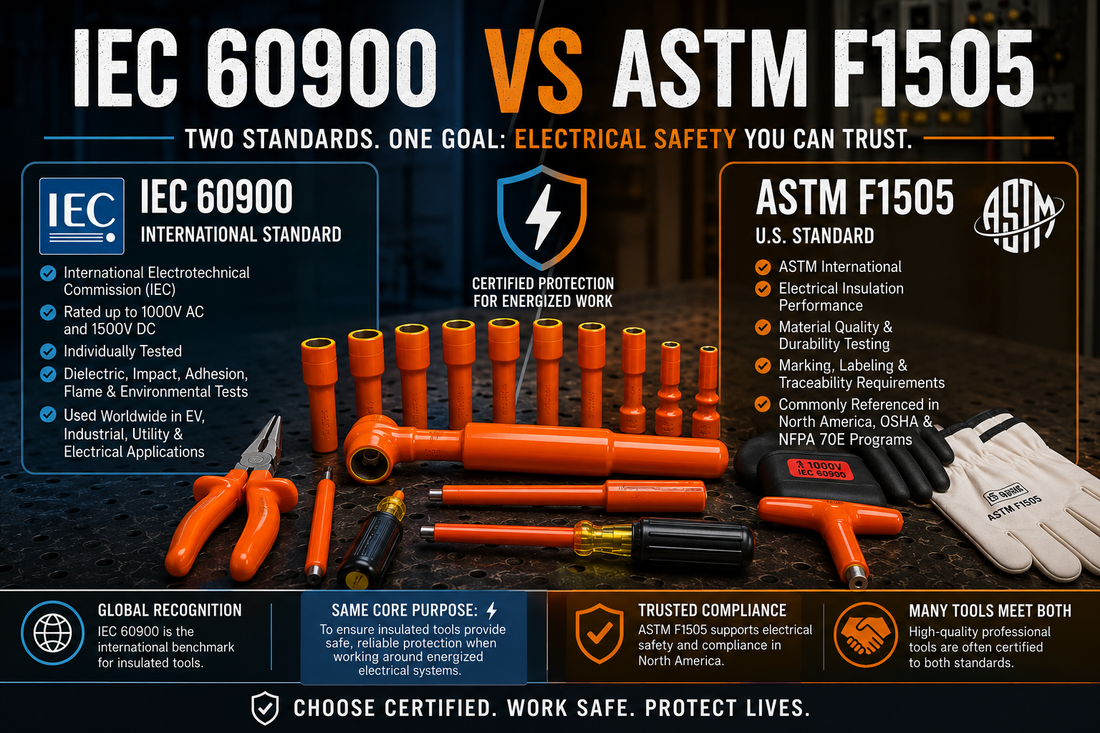 IEC 60900 and ASTM F1505 certified 1000V insulated hand tools displayed beside certification labels representing international and North American electrical safety standards.