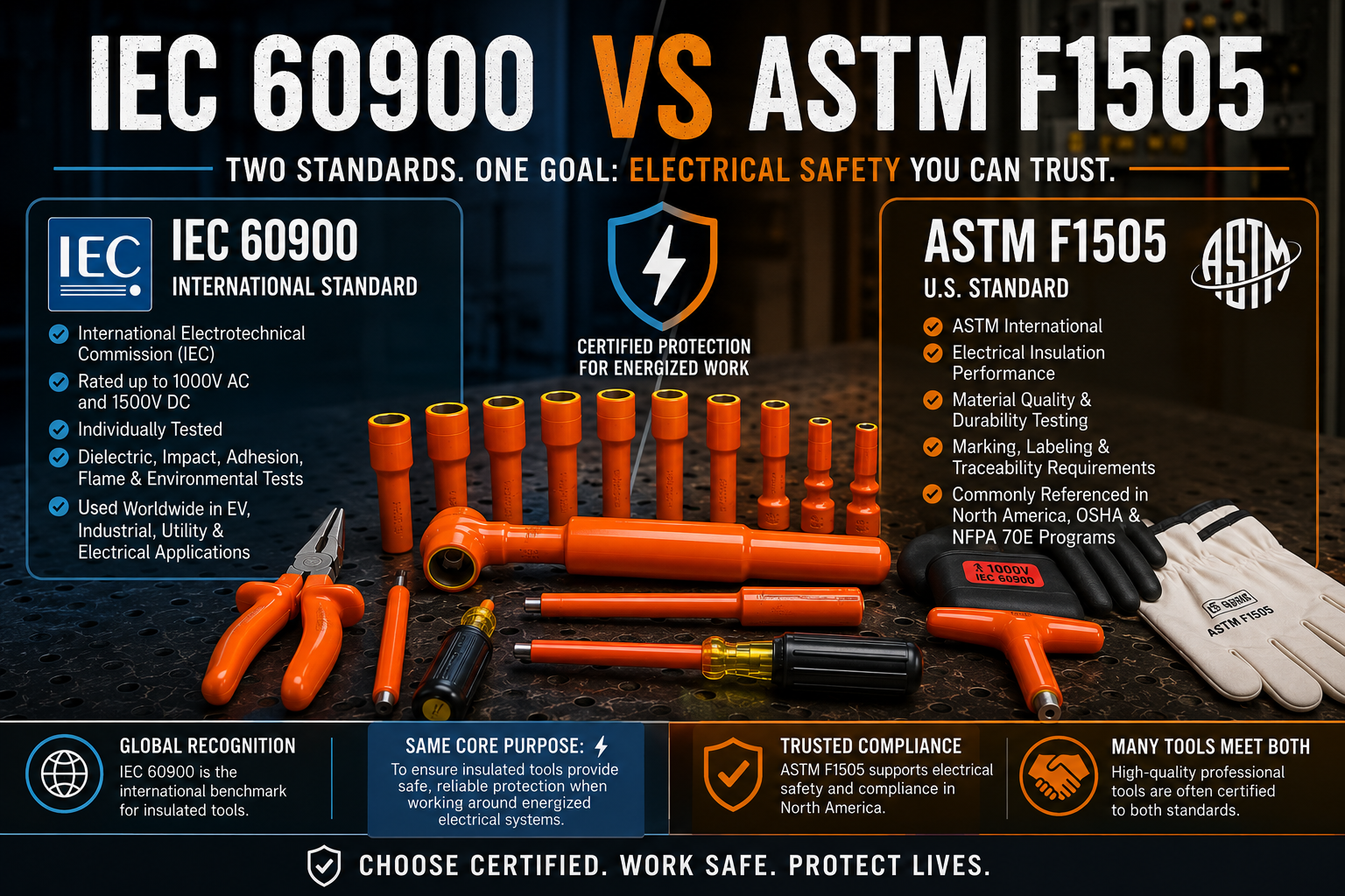 IEC 60900 and ASTM F1505 certified 1000V insulated hand tools displayed beside certification labels representing international and North American electrical safety standards.