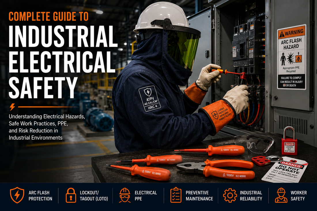 Industrial electrician performing maintenance on switchgear using electrical PPE and insulated tools in a manufacturing facility