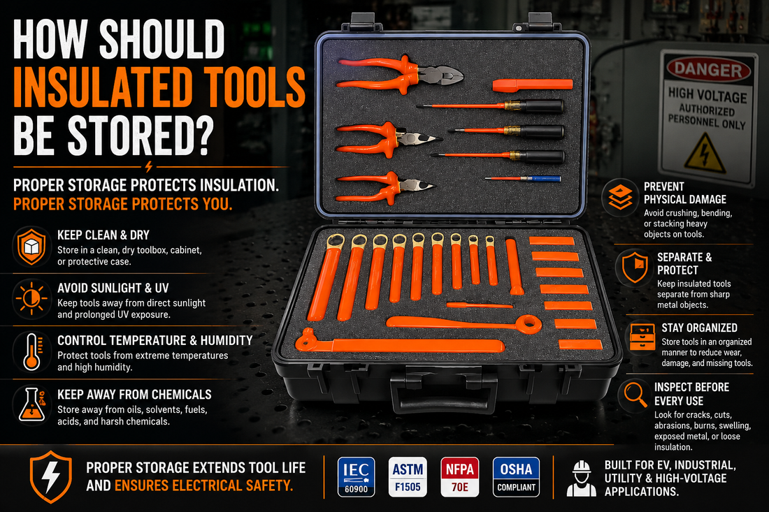 Properly organized 1000V insulated hand tools stored in a protective toolbox with foam inserts to prevent insulation damage and maintain electrical safety.