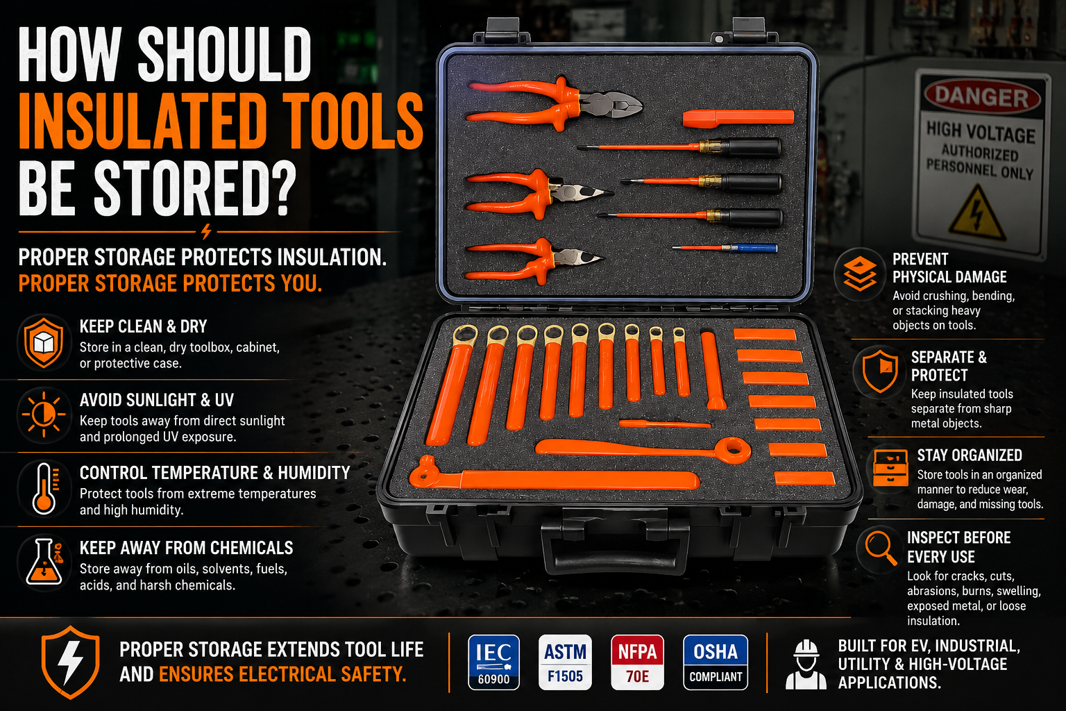 Properly organized 1000V insulated hand tools stored in a protective toolbox with foam inserts to prevent insulation damage and maintain electrical safety.