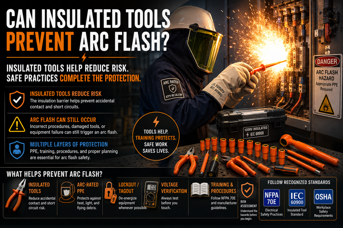 Technician wearing arc-rated PPE using certified 1000V insulated tools while working near energized electrical equipment to help reduce arc flash risk.