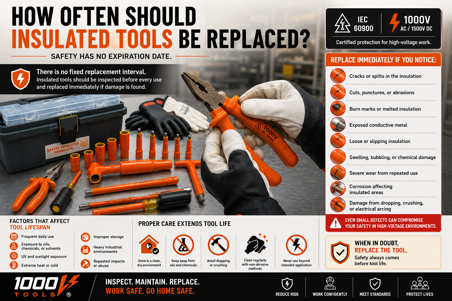 Technician inspecting a 1000V insulated hand tool for wear and insulation damage to determine whether it should be replaced before energized electrical work.