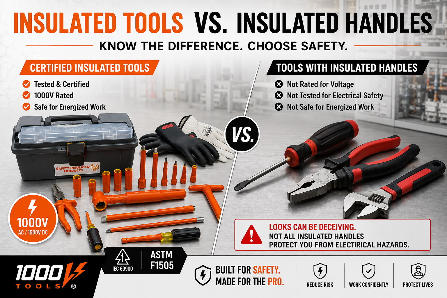 Certified 1000V insulated tools compared with standard tools that have insulated comfort handles for electrical safety.