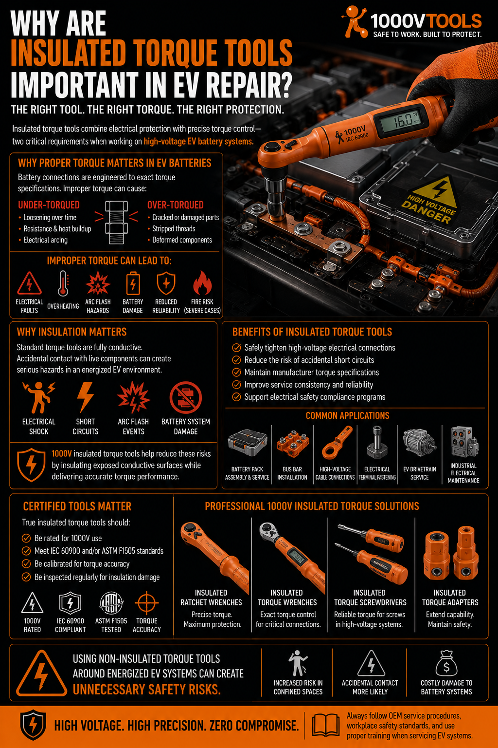 Orange 1000V insulated digital torque wrench tightening a high-voltage EV battery bus bar connection while wearing voltage-rated gloves