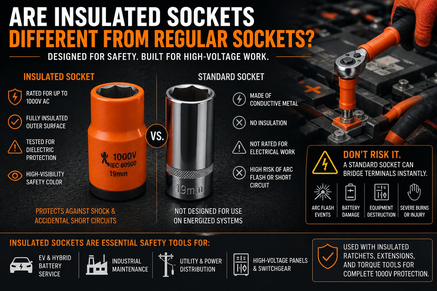 Comparison of an orange IEC 60900 insulated socket beside a standard chrome socket illustrating the added insulation for high-voltage electrical work