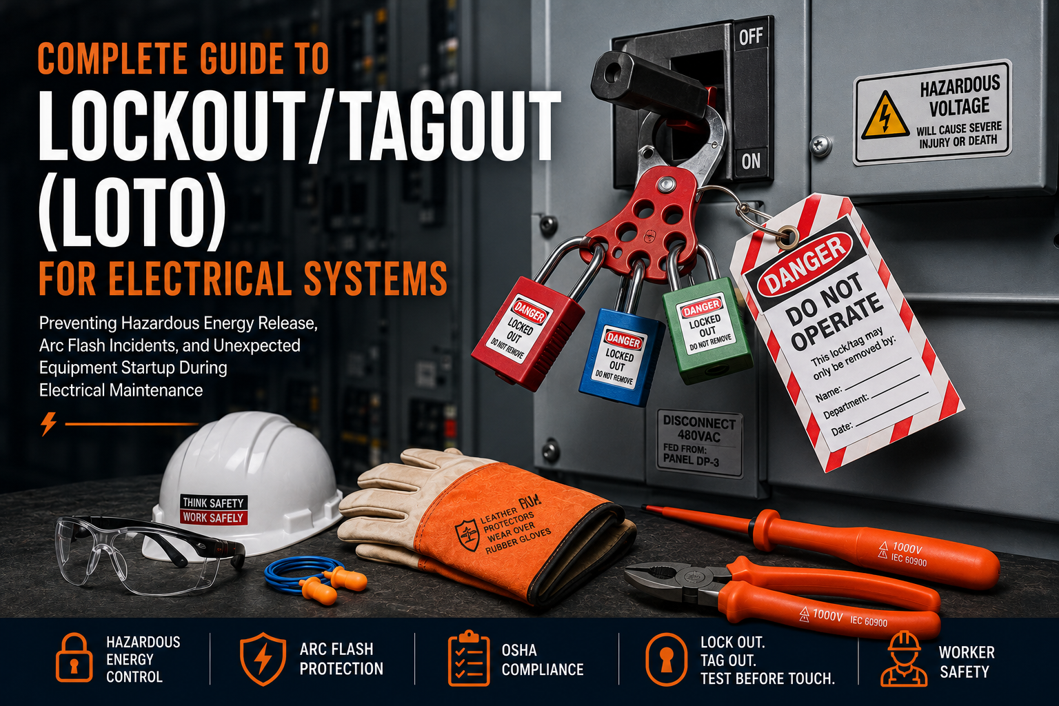 Electrical lockout tagout devices applied to switchgear and electrical equipment during maintenance to control hazardous energy and ensure worker safety