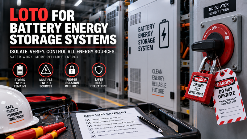LOTO for battery energy storage systems showing BESS equipment, DC isolation, lockout/tagout devices, and stored-energy safety controls.