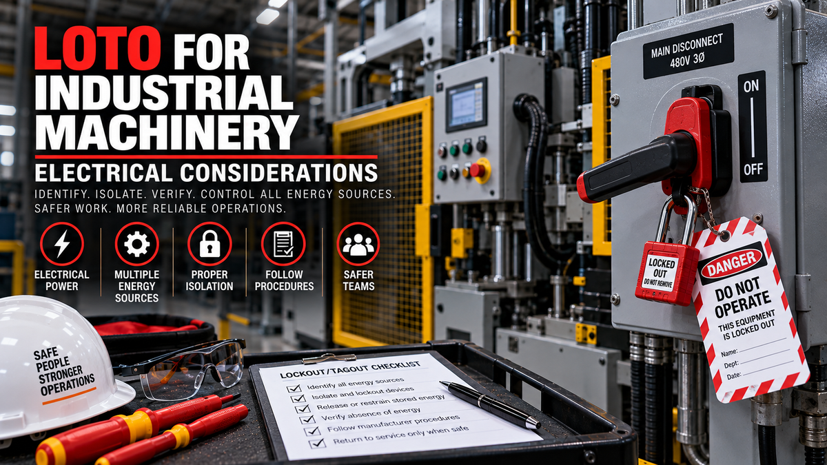 LOTO for industrial machinery showing a locked electrical disconnect, industrial equipment, multiple energy sources, and hazardous-energy control procedures.