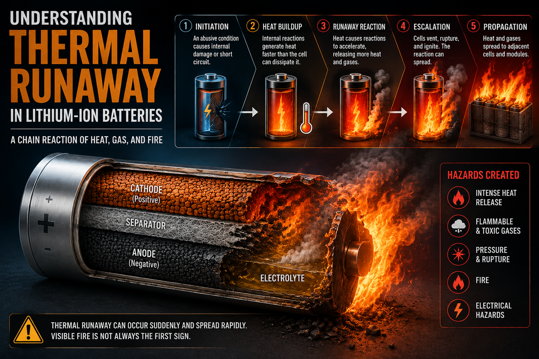 Lithium-ion battery cutaway illustrating thermal runaway progression from internal damage and heat buildup to fire, gas release, and cell-to-cell propagation.