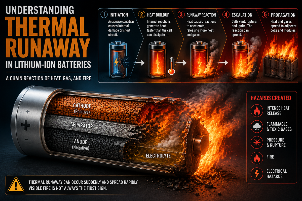 Lithium-ion battery cutaway illustrating thermal runaway progression from internal damage and heat buildup to fire, gas release, and cell-to-cell propagation.