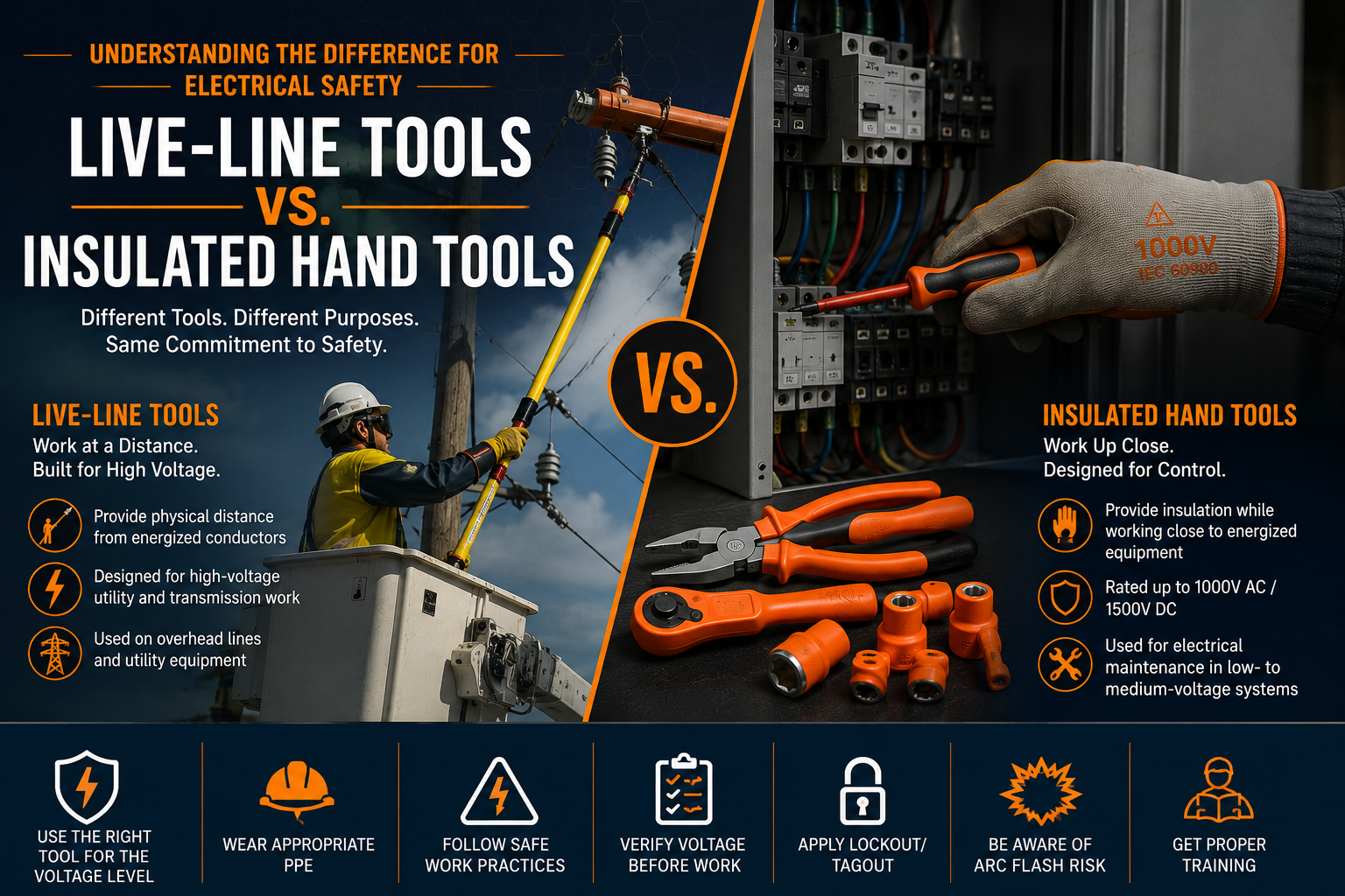Comparison of a utility worker using a live-line hot stick near overhead power lines and an electrician using orange IEC 60900 insulated hand tools inside an electrical panel