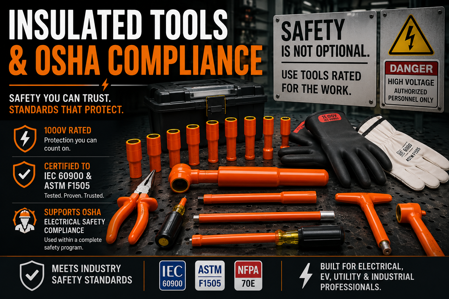 Certified 1000V insulated hand tools with IEC 60900 and ASTM F1505 markings used to support OSHA electrical safety programs.