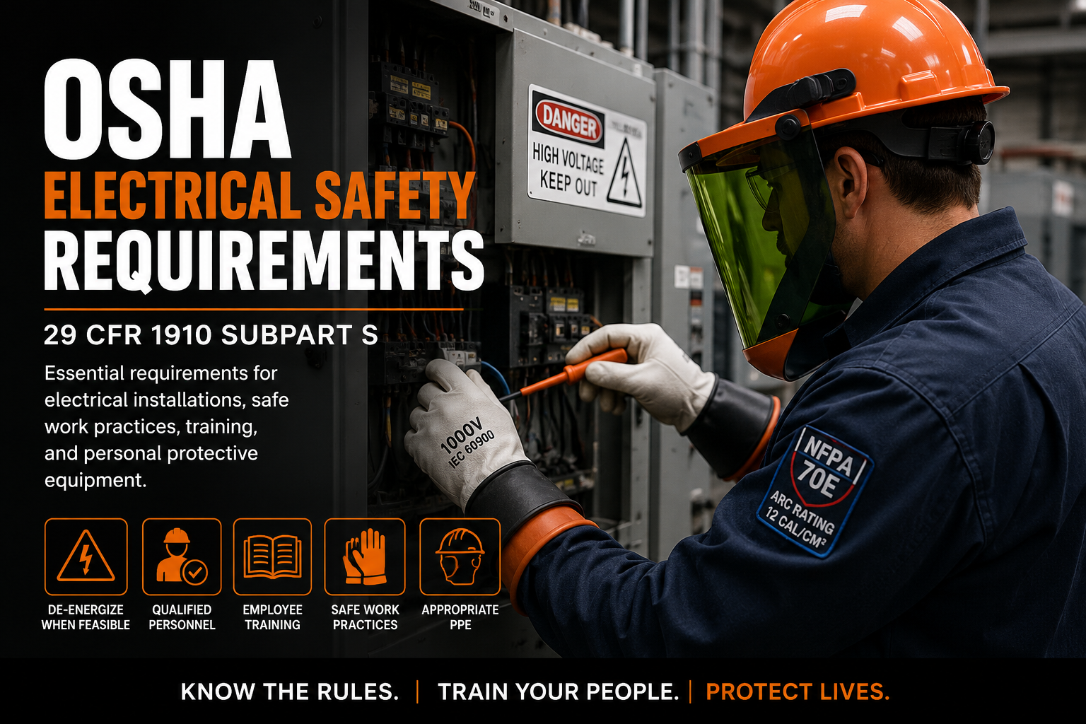 Electrical worker wearing PPE and using insulated tools while servicing an industrial electrical panel, illustrating OSHA electrical safety requirements under 29 CFR 1910 Subpart S.