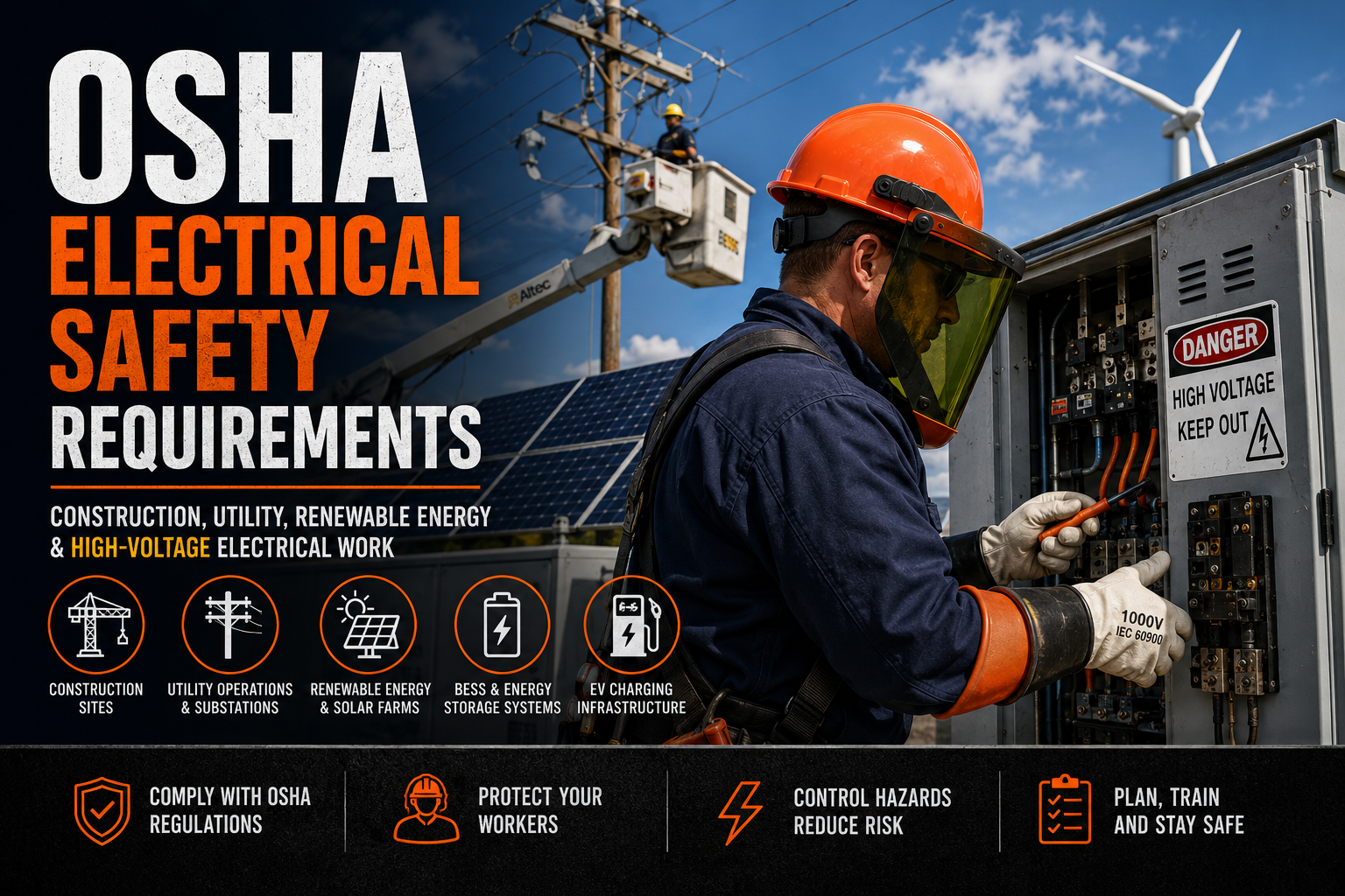 Utility electrical worker performing high-voltage maintenance using insulated tools and PPE in compliance with OSHA electrical safety regulations.