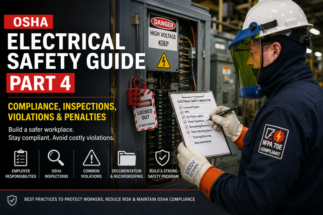 OSHA electrical safety compliance inspection with technicians using insulated tools and PPE in an industrial electrical environment.