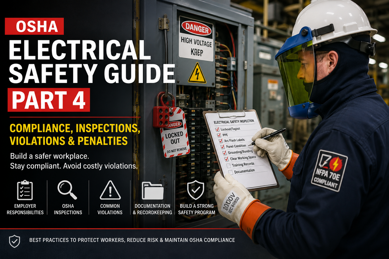 OSHA electrical safety compliance inspection with technicians using insulated tools and PPE in an industrial electrical environment.