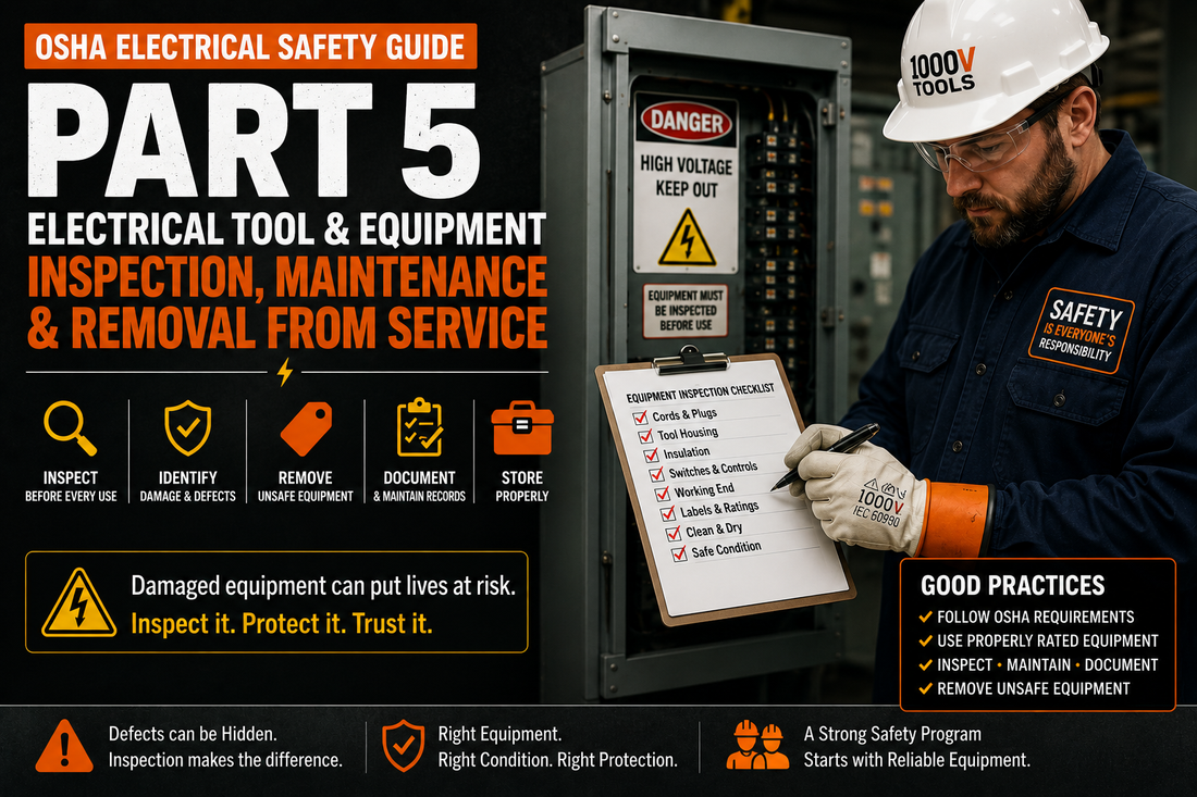 Electrical safety professional inspecting 1000V insulated tools, voltage testers, extension cords, and protective equipment for damage.