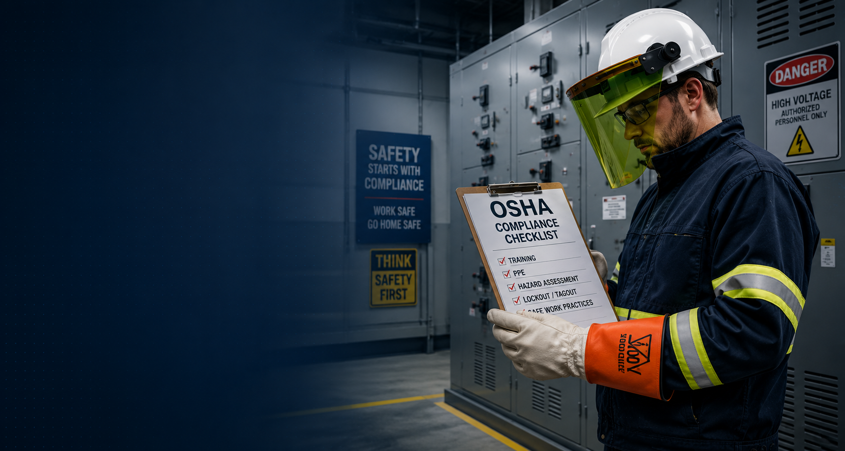 Electrical worker wearing arc flash PPE reviewing OSHA electrical safety procedures in front of industrial switchgear during workplace electrical safety inspection.