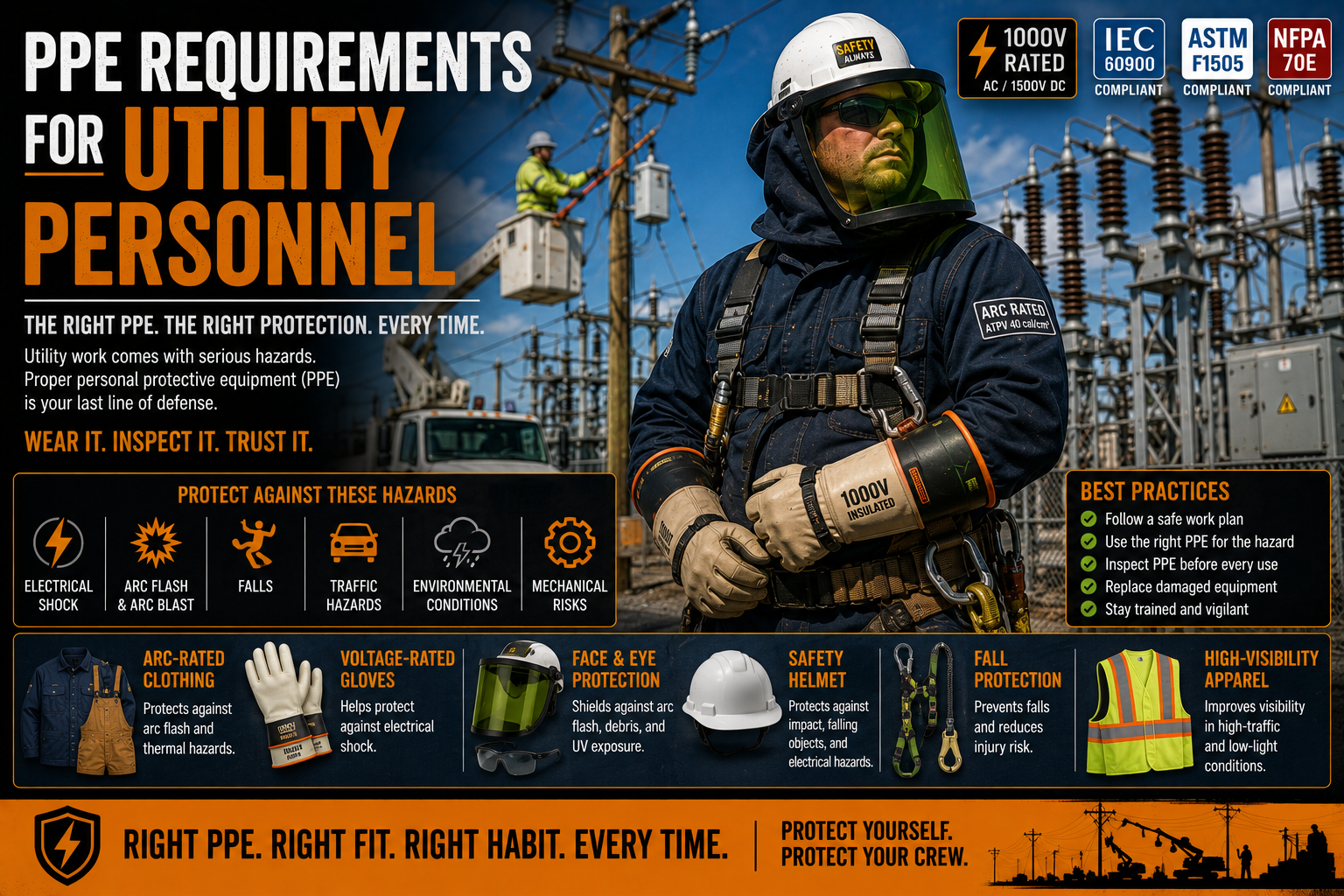 Utility workers wearing arc-rated clothing, voltage-rated gloves, face shields, safety helmets, and fall protection while performing maintenance on high-voltage electrical equipment.