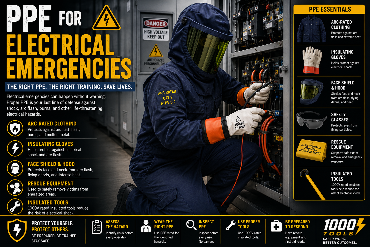 First responder wearing arc-rated PPE, insulated gloves, face shield, and using 1000V insulated tools during an electrical emergency response.