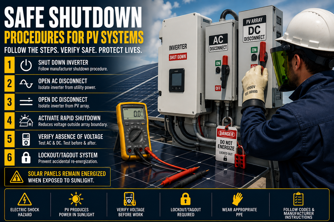 Technician performing a safe shutdown of a solar PV system using AC and DC disconnects.
