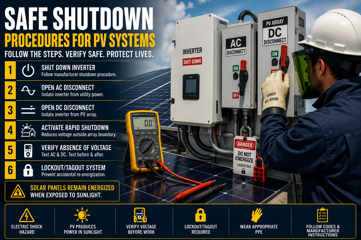 Technician performing a safe shutdown of a solar PV system using AC and DC disconnects.