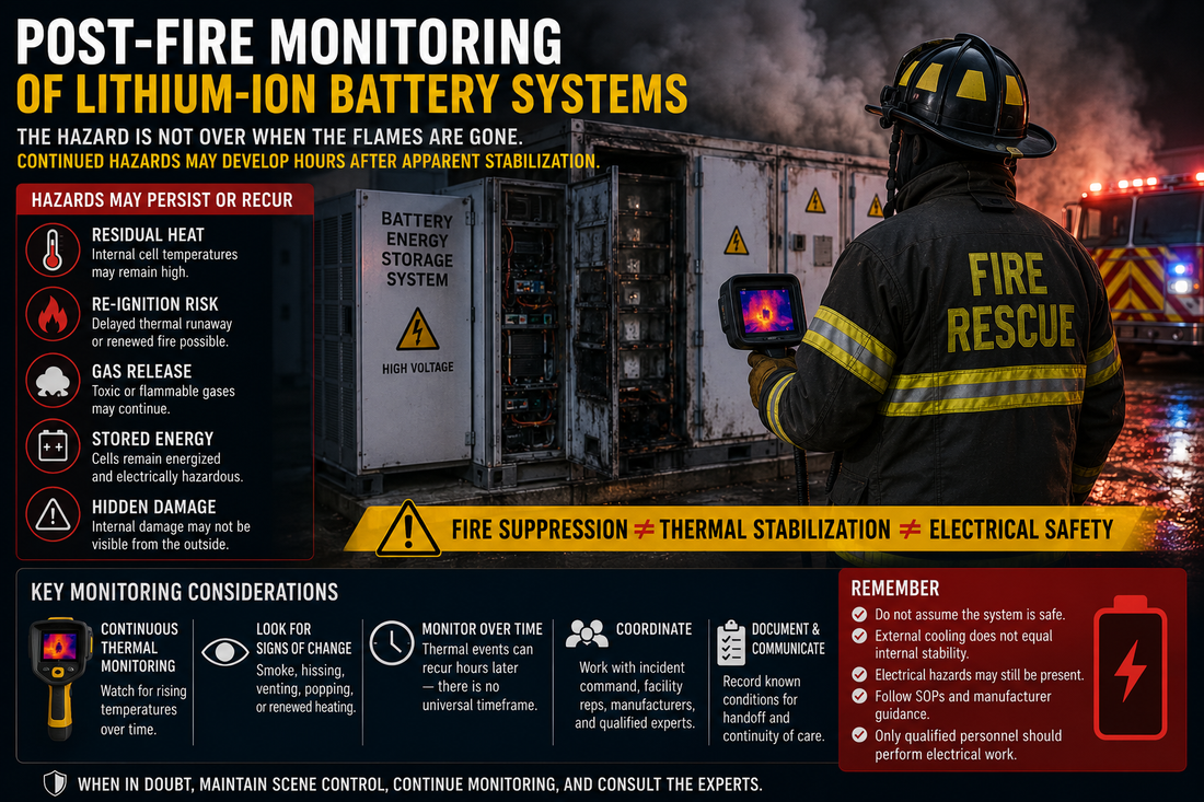 Firefighter using thermal imaging to monitor a fire-damaged lithium-ion battery energy storage system for residual heat, re-ignition, and persistent electrical hazards.