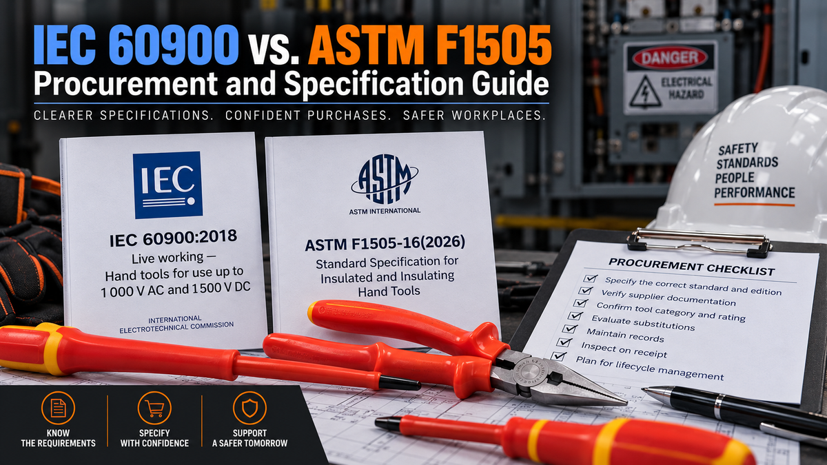 IEC 60900 and ASTM F1505 insulated tool procurement guide featuring electrical safety standards, 1000V insulated tools, and a procurement checklist.
