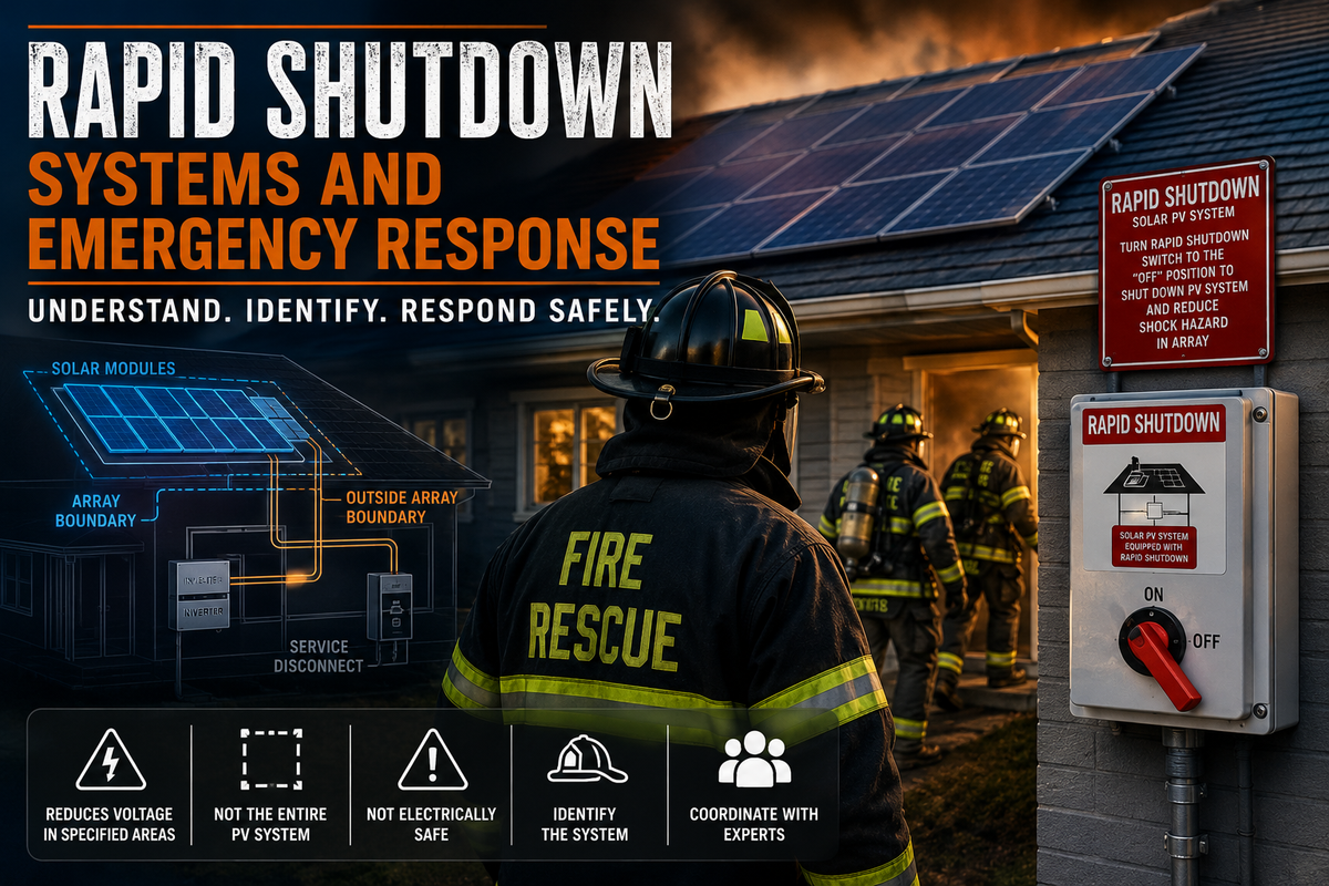 Firefighters responding to a solar-equipped building with a rapid shutdown control, illustrating PV array boundaries, voltage reduction, and electrical safety hazards.