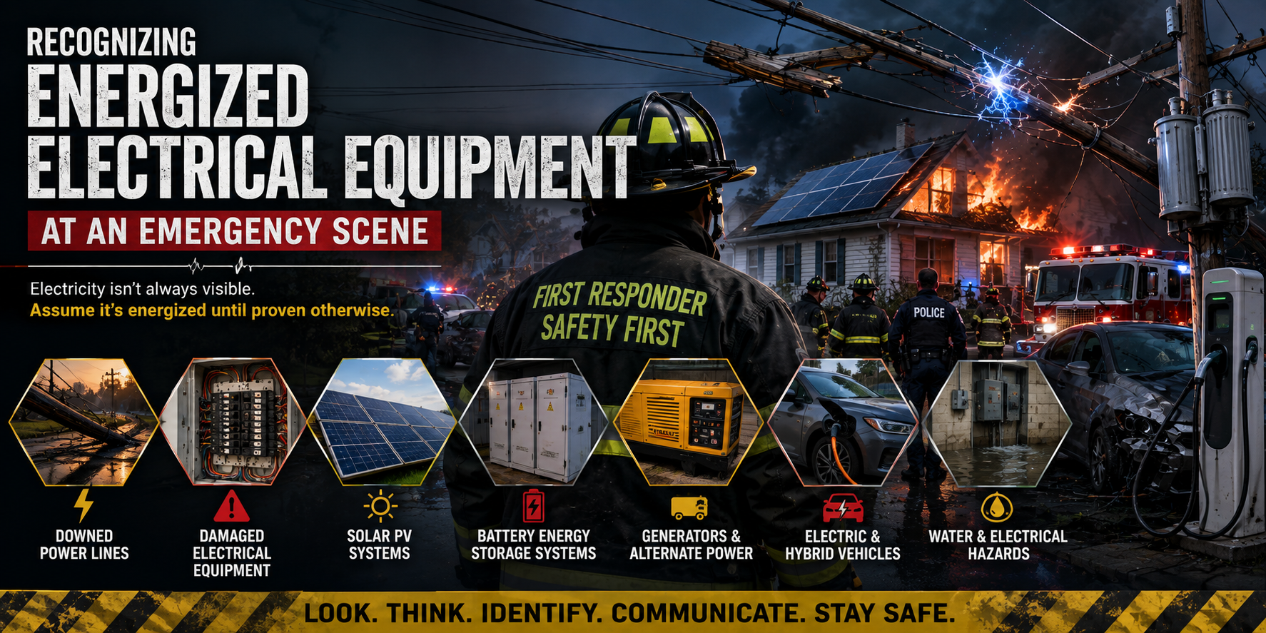 First responder assessing electrical hazards at an emergency scene with downed power lines, damaged electrical equipment, solar PV, battery storage, generators, electric vehicles and flooding.