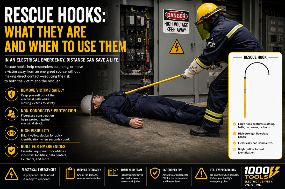 First responder using an electrical rescue hook to safely remove a victim from an energized electrical hazard during an emergency response.