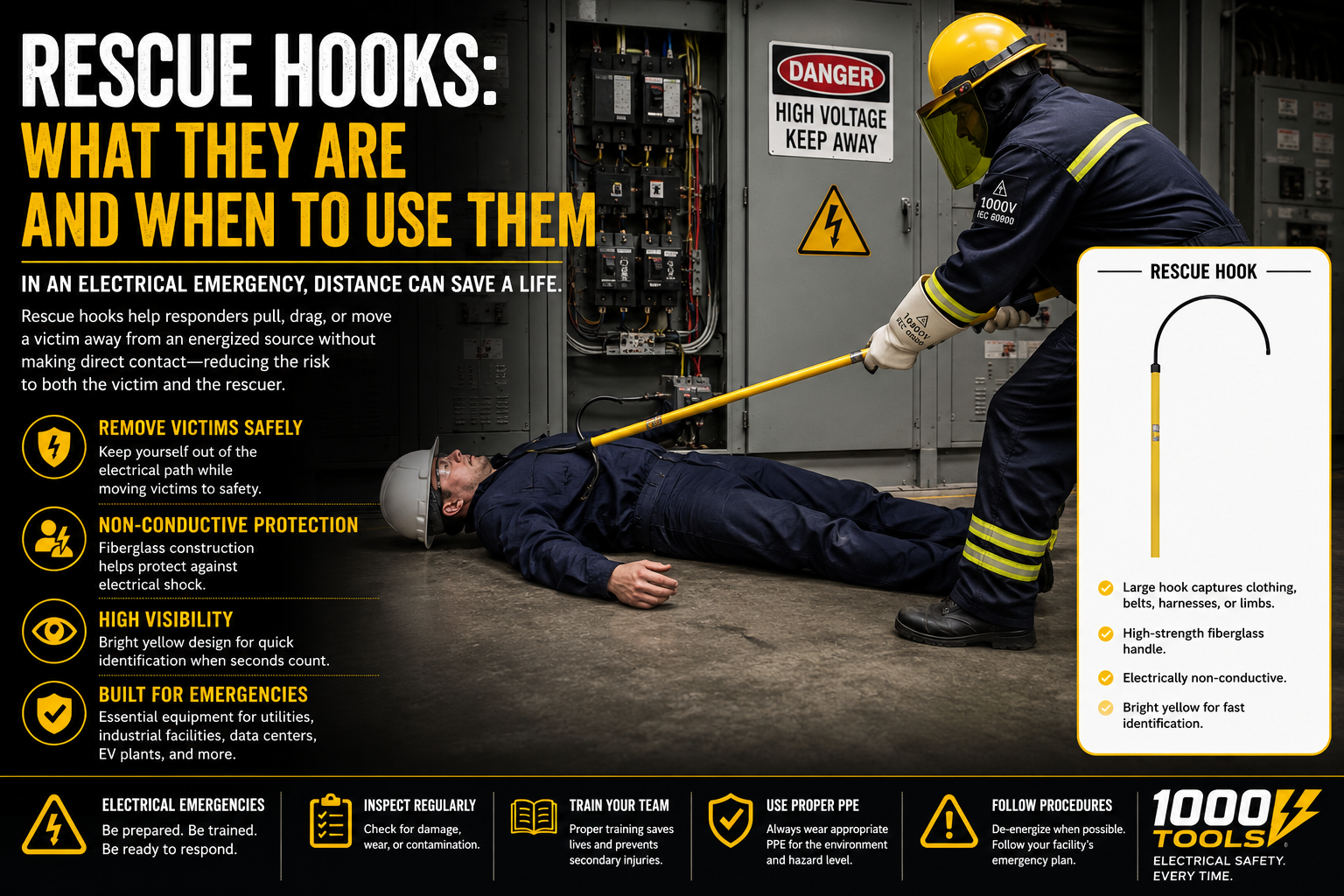 First responder using an electrical rescue hook to safely remove a victim from an energized electrical hazard during an emergency response.