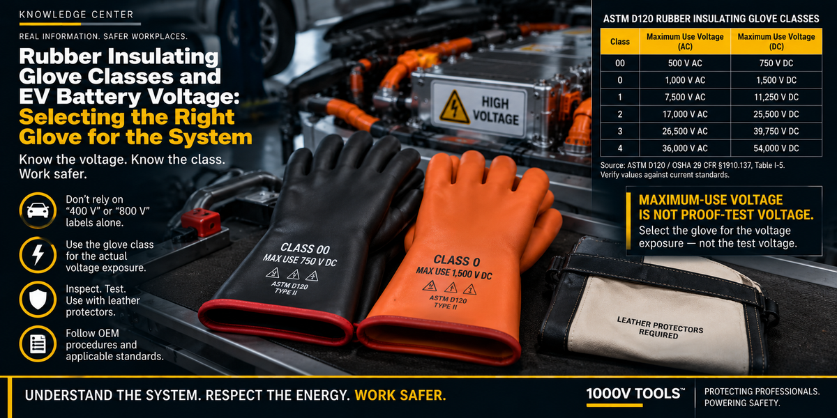 Rubber insulating gloves for EV high-voltage service showing Class 00 and Class 0 DC voltage ratings, leather protectors, and an electric vehicle traction battery system.
