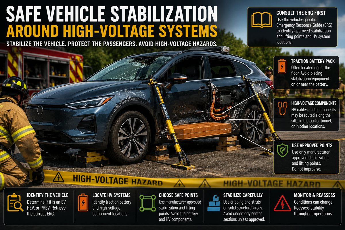 Damaged electric vehicle stabilized with cribbing and rescue struts, highlighting the underfloor traction battery, high-voltage components, and manufacturer-approved stabilization points.