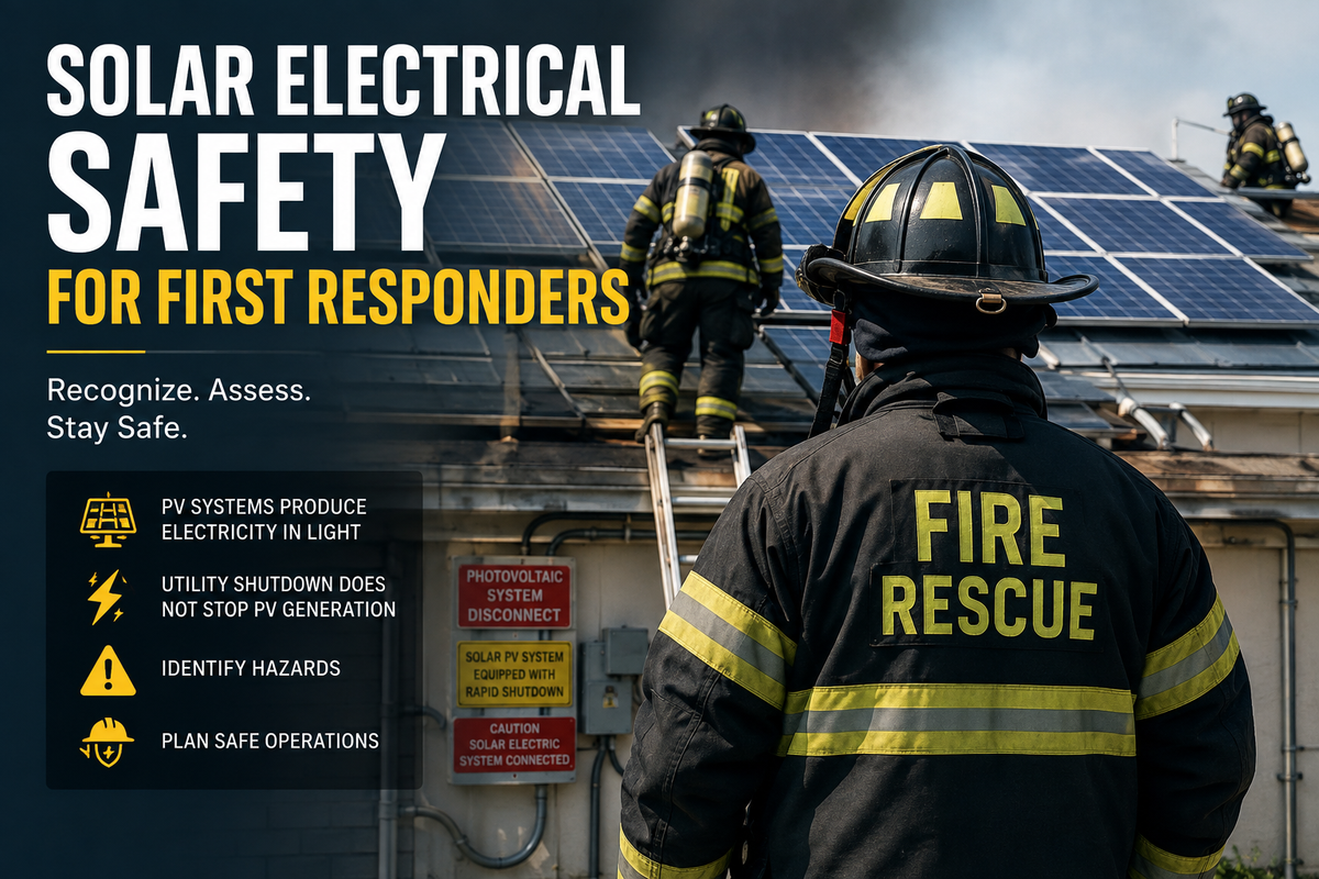 Firefighters responding to a rooftop solar PV emergency, highlighting persistent electrical hazards, system shutdown limitations, and responder safety.