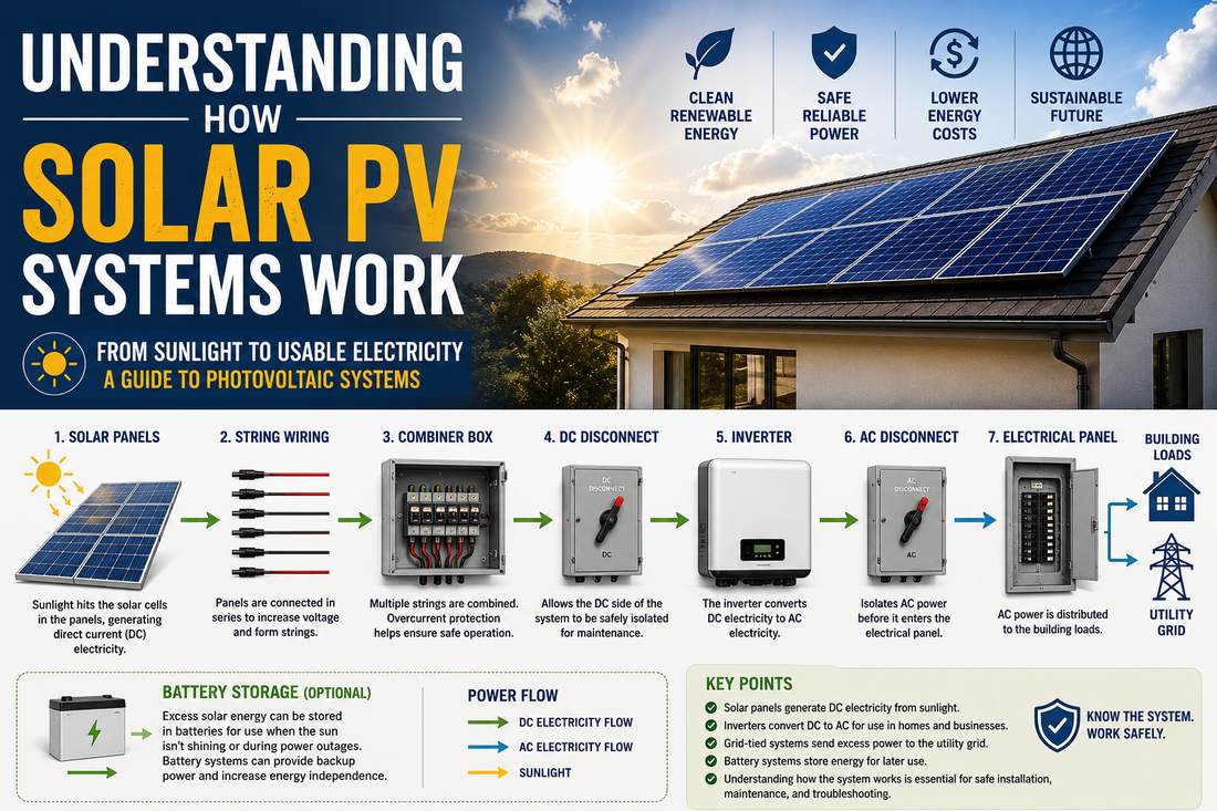 Illustration showing how a solar photovoltaic (PV) system generates electricity, including solar panels, combiner box, inverter, battery storage, utility grid connection, and power flow from sunlight to electrical loads.