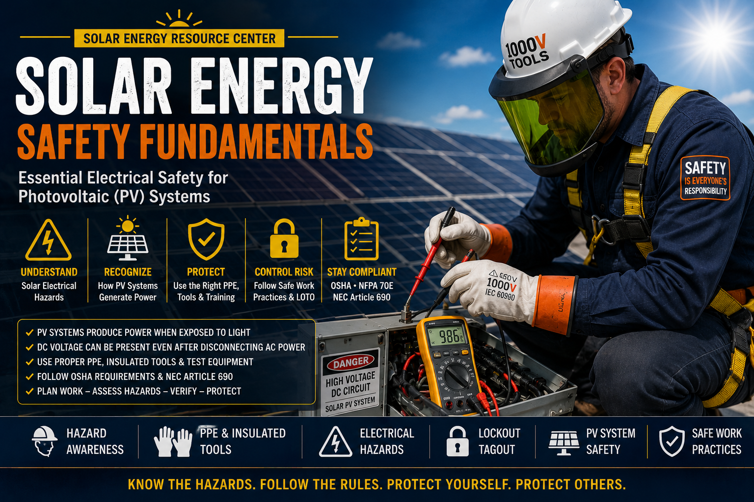Solar technicians wearing electrical PPE while inspecting photovoltaic panels and energized solar equipment on a commercial solar installation.