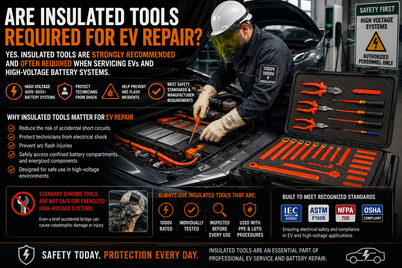 EV technician using certified 1000V insulated hand tools while servicing a high-voltage electric vehicle battery in accordance with recognized electrical safety standards.