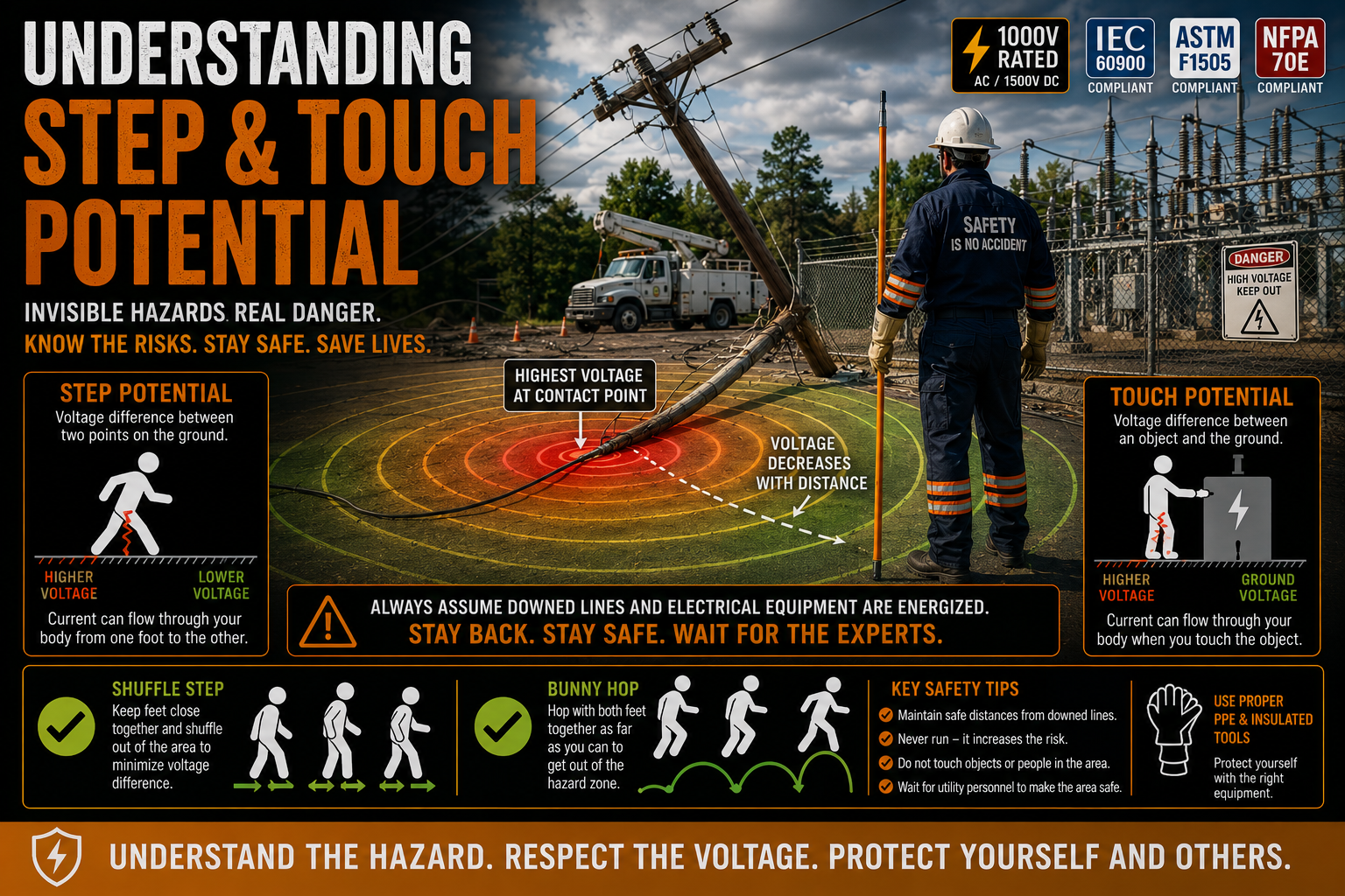 Utility worker maintaining a safe distance from a downed power line while illustrating ground voltage gradients, step potential, and touch potential hazards in a utility environment.