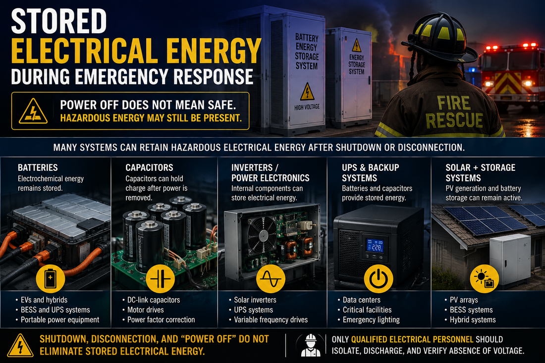Firefighter facing battery energy storage equipment with an infographic showing stored electrical energy hazards in batteries, capacitors, inverters, UPS, and solar storage systems.