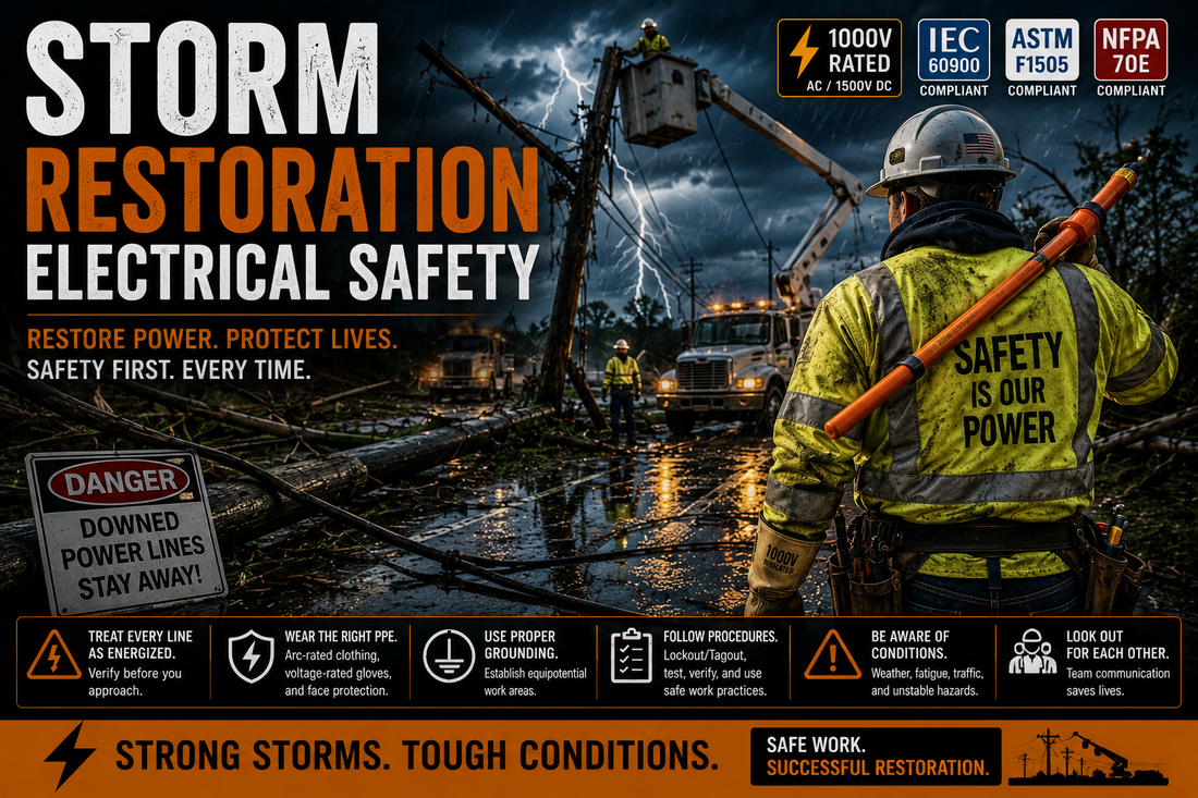 Utility lineworkers restoring power after a severe storm while wearing arc-rated PPE and using insulated tools near damaged power lines and utility infrastructure.