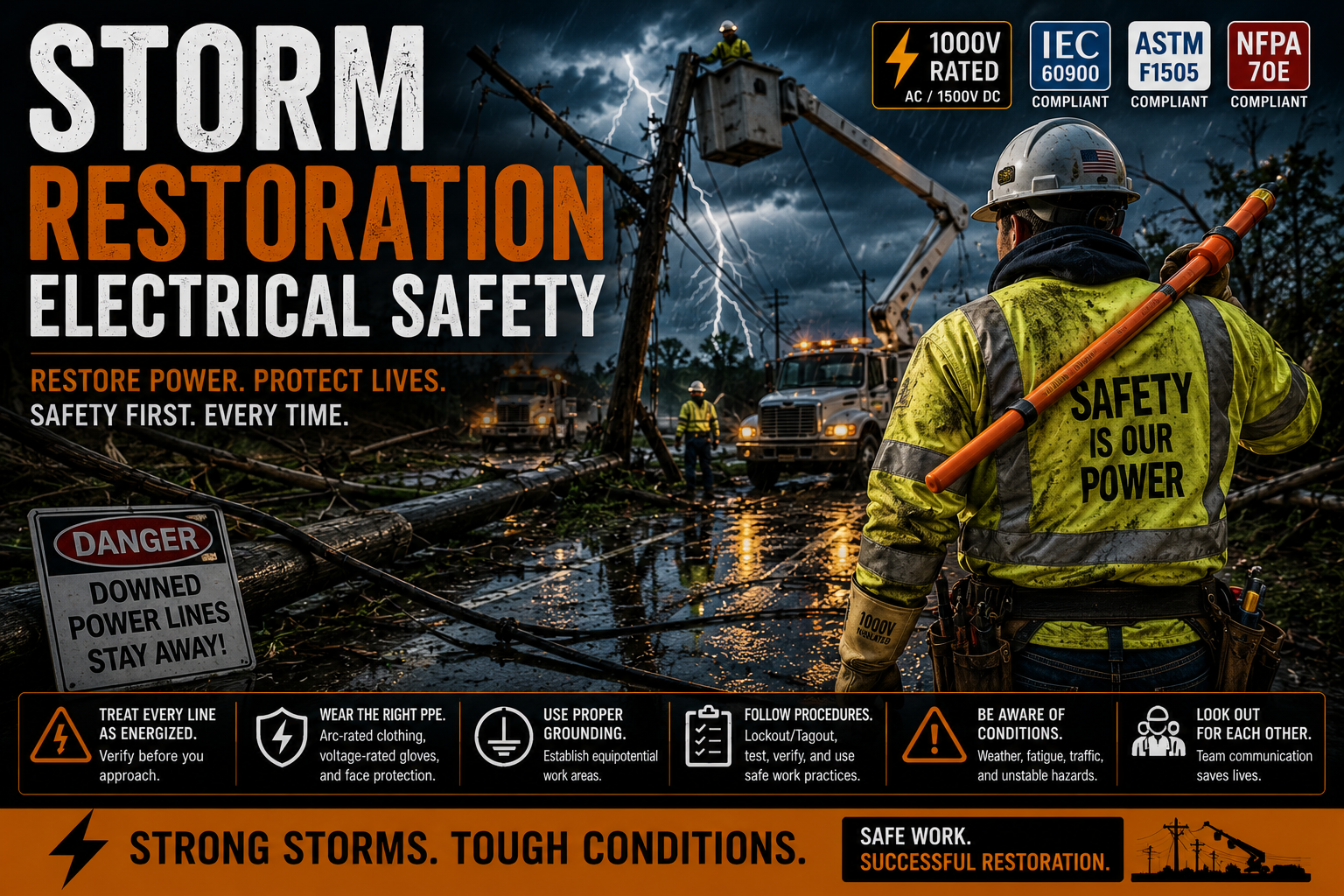 Utility lineworkers restoring power after a severe storm while wearing arc-rated PPE and using insulated tools near damaged power lines and utility infrastructure.