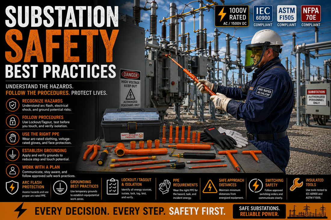 Utility workers performing maintenance inside a high-voltage electrical substation while wearing arc-rated PPE and using certified insulated tools near transformers and switchgear.