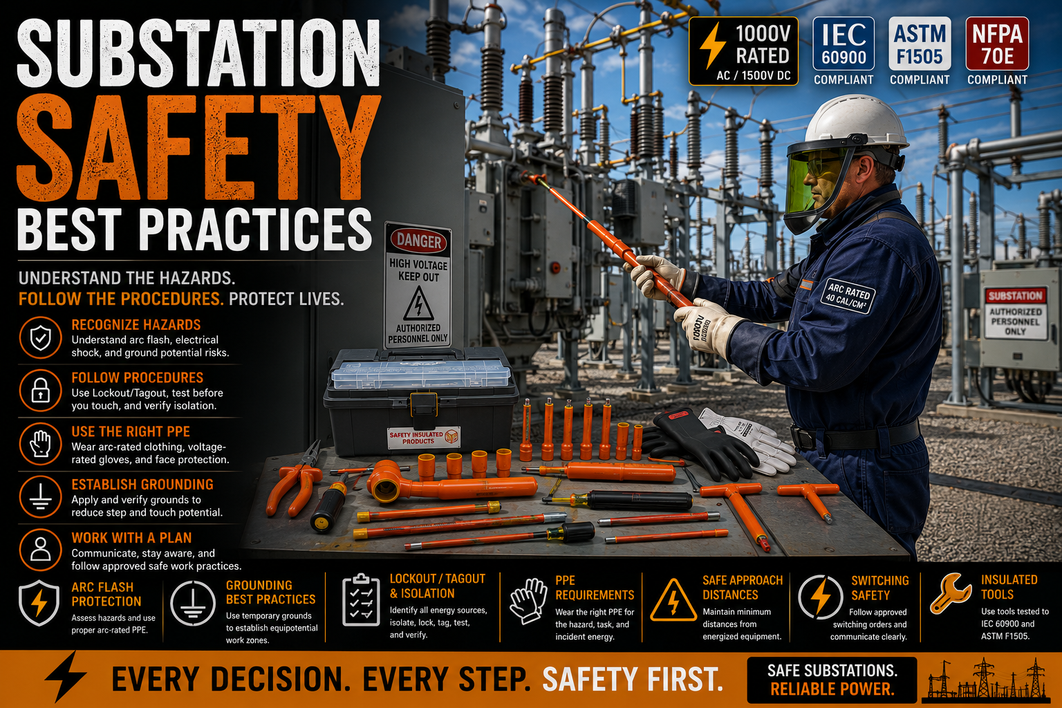 Utility workers performing maintenance inside a high-voltage electrical substation while wearing arc-rated PPE and using certified insulated tools near transformers and switchgear.