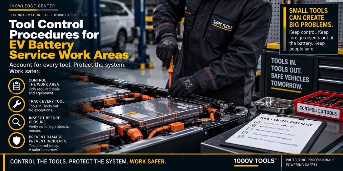 EV technician servicing an open high-voltage battery with controlled tools, organized hardware, and a tool accountability checklist for safe battery service.